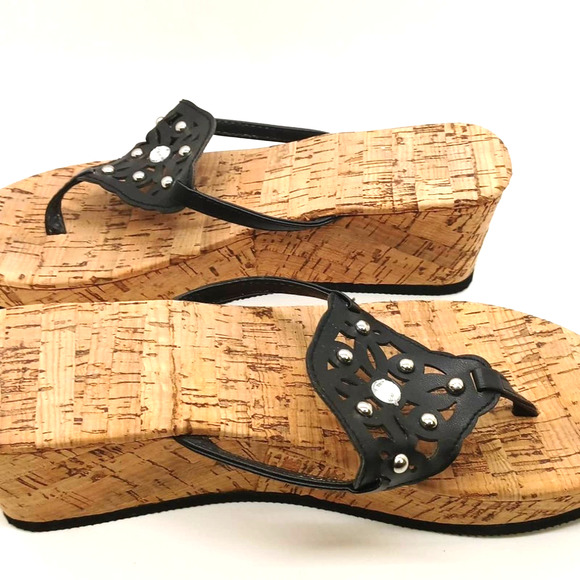 Size 7-8 Sandal Flip Flop Wedge Shoe Black with Bling Glam - Picture 2 of 10